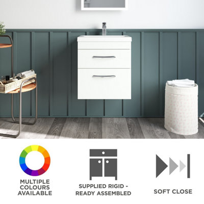 Rio 2 Drawer Wall Hung Vanity Basin Unit - 500mm - Gloss White with Square Black D Handles (Tap Not Included) - Balterley