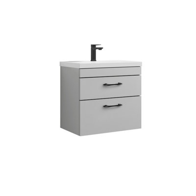 Rio 2 Drawer Wall Hung Vanity Basin Unit - 600mm - Gloss Grey Mist with Black D Handles (Tap Not Included)