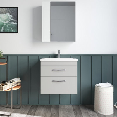 Rio 2 Drawer Wall Hung Vanity Basin Unit - 600mm - Gloss Grey Mist with Black D Handles (Tap Not Included)