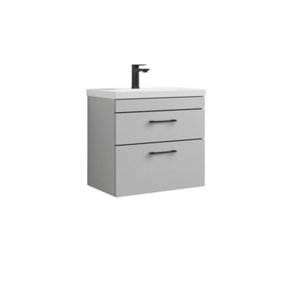 Rio 2 Drawer Wall Hung Vanity Basin Unit - 600mm - Gloss Grey Mist with Black D Handles (Tap Sold Separately)