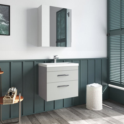 Rio 2 Drawer Wall Hung Vanity Basin Unit - 600mm - Gloss Grey Mist with Black D Handles (Tap Sold Separately)