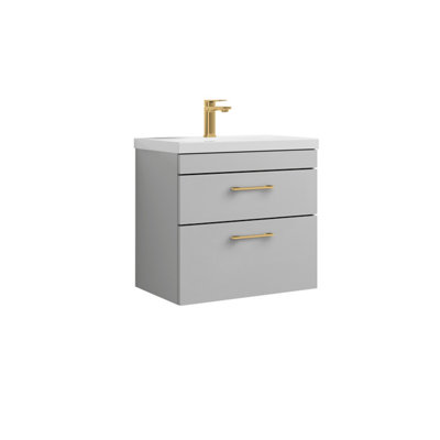 Rio 2 Drawer Wall Hung Vanity Basin Unit - 600mm - Gloss Grey Mist with Brushed Brass D Handles (Tap Not Included)