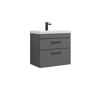 Rio 2 Drawer Wall Hung Vanity Basin Unit - 600mm - Gloss Grey with Black D Handles (Tap Not Included) - Balterley