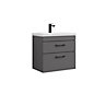 Rio 2 Drawer Wall Hung Vanity Basin Unit - 600mm - Gloss Grey with Black D Handles (Tap Not Included)