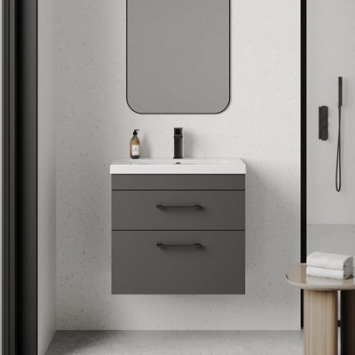 Rio 2 Drawer Wall Hung Vanity Basin Unit - 600mm - Gloss Grey with Black D Handles (Tap Not Included)