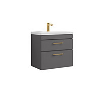 Rio 2 Drawer Wall Hung Vanity Basin Unit - 600mm - Gloss Grey with Brushed Brass D Handles (Tap Not Included)