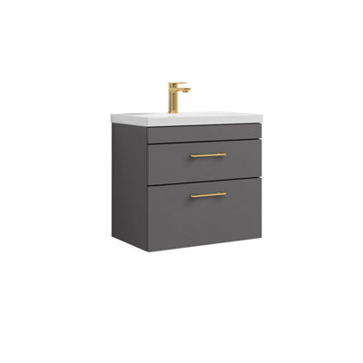 Rio 2 Drawer Wall Hung Vanity Basin Unit - 600mm - Gloss Grey with Brushed Brass D Handles (Tap Not Included)