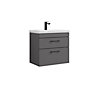 Rio 2 Drawer Wall Hung Vanity Basin Unit - 600mm - Gloss Grey with Square Black D Handles (Tap Not Included) - Balterley