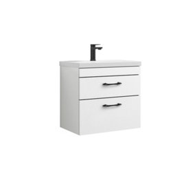 Rio 2 Drawer Wall Hung Vanity Basin Unit - 600mm - Gloss White with Black D Handles (Tap Not Included) - Balterley