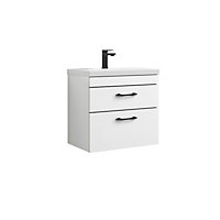 Rio 2 Drawer Wall Hung Vanity Basin Unit - 600mm - Gloss White with Black D Handles (Tap Not Included)