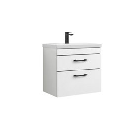 Rio 2 Drawer Wall Hung Vanity Basin Unit - 600mm - Gloss White with Black D Handles (Tap Not Included)