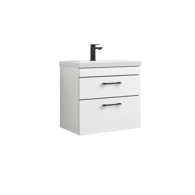 Rio 2 Drawer Wall Hung Vanity Basin Unit - 600mm - Gloss White with Black D Handles (Tap Not Included)