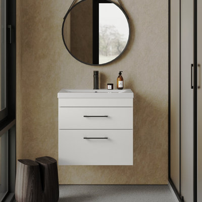 Rio 2 Drawer Wall Hung Vanity Basin Unit - 600mm - Gloss White with Black D Handles (Tap Not Included)