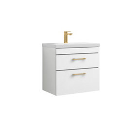 Rio 2 Drawer Wall Hung Vanity Basin Unit - 600mm - Gloss White with Brushed Brass D Handles (Tap Not Included)