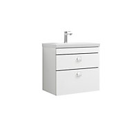 Rio 2 Drawer Wall Hung Vanity Basin Unit - 600mm - Gloss White with Chrome Square Handles (Tap Not Included)