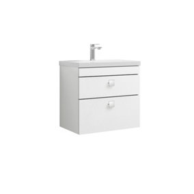 Rio 2 Drawer Wall Hung Vanity Basin Unit - 600mm - Gloss White with Chrome Square Handles (Tap Not Included)