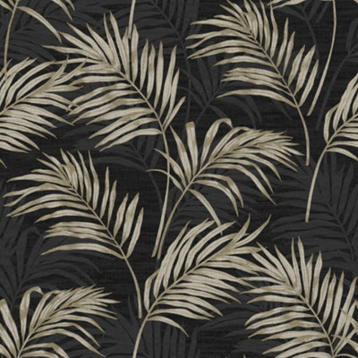 Rio Palm Leaf Wallpaper In Black DIY at B&Q