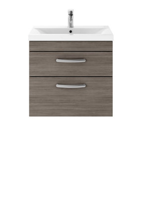 Rio Wall Hung 2 Drawer Vanity Unit with Mid-Edge Ceramic Basin - Textured Woodgrain Brown Grey Avola - 600mm - Balterley