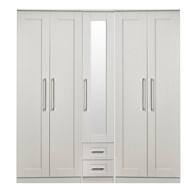 Ripon Tall 5 Door 2 Drawer 1 Mirror Wardrobe in Grey Ash (Ready Assembled)