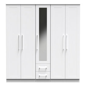 Ripon Tall 5 Door 2 Drawer 1 Mirror Wardrobe in White Ash (Ready Assembled)