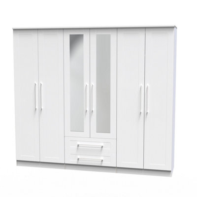 Ripon Tall 6 Door 2 Drawer 2 Mirror Wardrobe in White Ash (Ready Assembled)