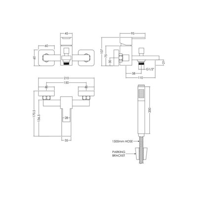 Ripple Wall Mount Square Bath Shower Mixer Tap with Shower Kit - Chrome - Balterley