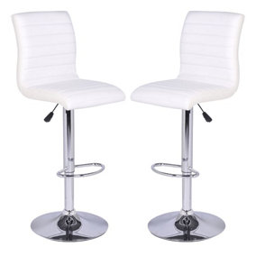 Ripple White Faux Leather Bar Stools With Chrome Base In Pair