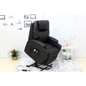Rise Recliner Chair with Single Motor, Heat and Massage, Remote Control, Pocket Storage and Cup Holders in Black Bonded Leather