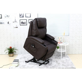 Rise Recliner Chair with Single Motor, Heat and Massage, Remote Control, Pocket Storage and Cup Holders in Brown Bonded Leather