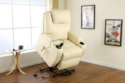 Rise Recliner Chair With Single Motor, Heat And Massage, Remote Control, Pocket Storage And Cup Holders In Cream Bonded Leather