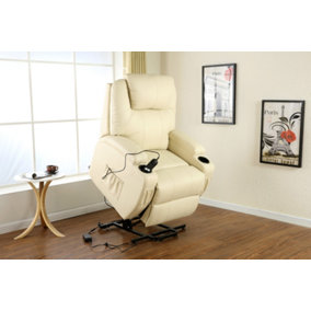 Rise Recliner Chair With Single Motor, Heat And Massage, Remote Control, Pocket Storage And Cup Holders In Cream Bonded Leather