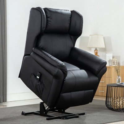 Rise Recliner Chair With Single Motor, Remote Control, Pocket Storage And Wingback Design In Black Bonded Leather