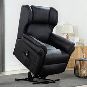 Rise Recliner Chair with Single Motor, Remote Control, Pocket Storage and Wingback Design in Black Bonded Leather