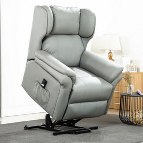Rise Recliner Chair with Single Motor, Remote Control, Pocket Storage and Wingback Design in Grey Bonded Leather