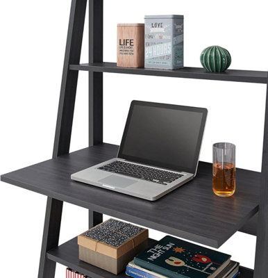 Riva Ladder Bookcase with 5 Tier Shelves & Overhanging Desk Shelf in Black
