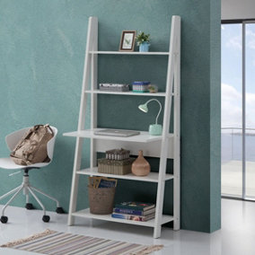 Riva Ladder Bookcase with 5 Tier Shelves & Overhanging Desk Shelf in White