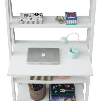 Riva Ladder Bookcase with 5 Tier Shelves Overhanging Desk Shelf in White