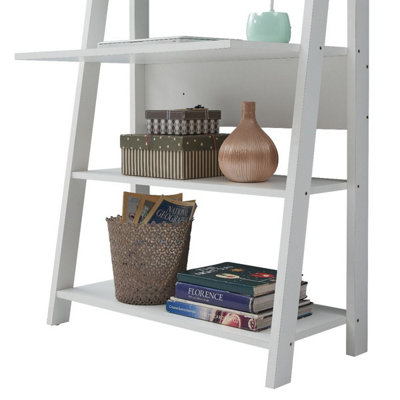 Riva Ladder Bookcase with 5 Tier Shelves & Overhanging Desk Shelf in White