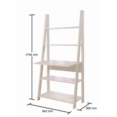 Riva Ladder Bookcase with 5 Tier Shelves & Overhanging Desk Shelf in White