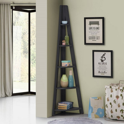 Riva Scandinavian Retro Corner Ladder Bookcase Shelving Shelf Unit Black 5 Tier