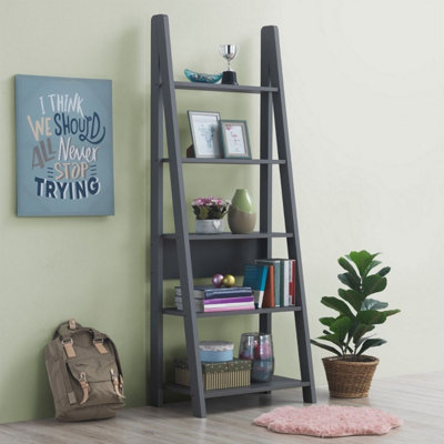 Riva Scandinavian Retro Ladder Bookcase Shelving Shelf Unit Dark Grey 5 Tier