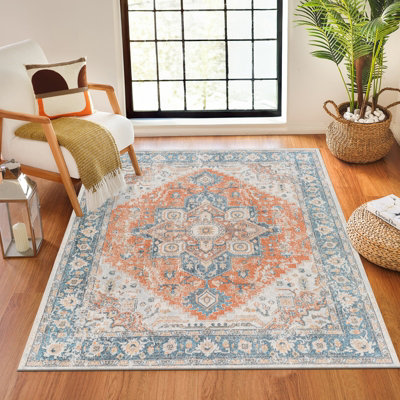 RIVER Machine Washable Traditional Boho Burnt Orange Area Rug 200 x 275 cm