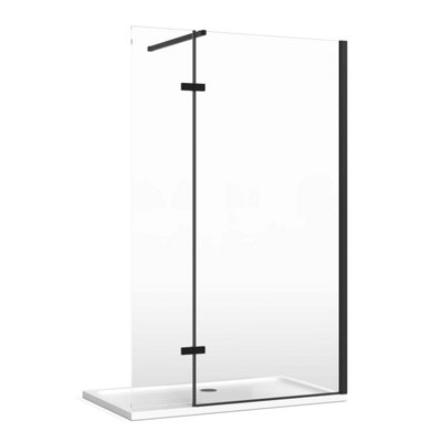 Riviera Black Wetroom Walk in Glass Screen with Hinged Panel - (W)1200+350mm