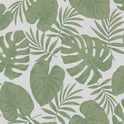 Riviera Tropical Leaf Wallpaper Grey Green Gold Metallic Textured Holden Decor