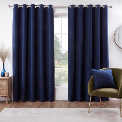 Rivington Navy Chenille Lined Eyelet Curtains | DIY at B&Q