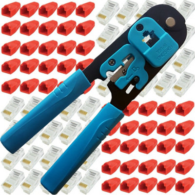 RJ45 Crimp Tool 100x CAT5e Connectors & Cable Strain Relief Network Jacks 8P8C