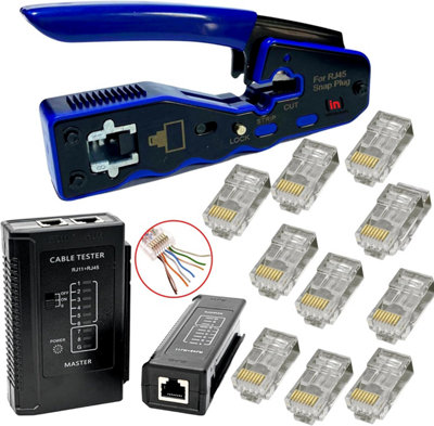 RJ45 Crimping Tool Ratchet Crimper Pass Through Easy Cat5e Cat6 + RJ45 Cable Tester with Cat6 connectors