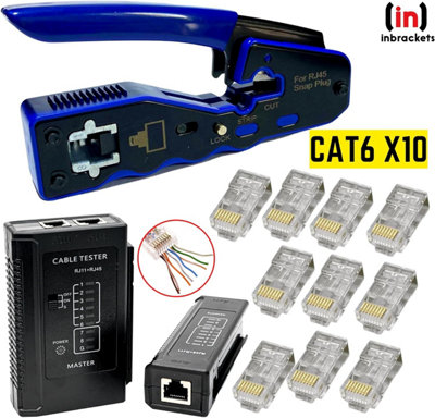 RJ45 Crimping Tool Ratchet Crimper Pass Through Easy Cat5e Cat6 + RJ45 Cable Tester with Cat6 connectors