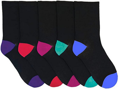 RJM Ladies 5 Pack Cotton Rich Socks Black with Multicoloured Heels & Toes 4-7