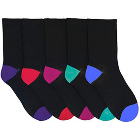 RJM Ladies 5 Pack Cotton Rich Socks Black with Multicoloured Heels & Toes 4-7